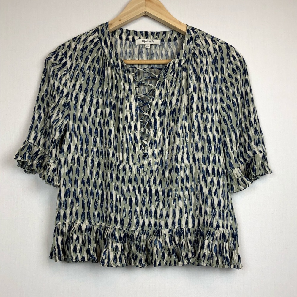 Madewell quarter sleeve ruffle crop top tie front